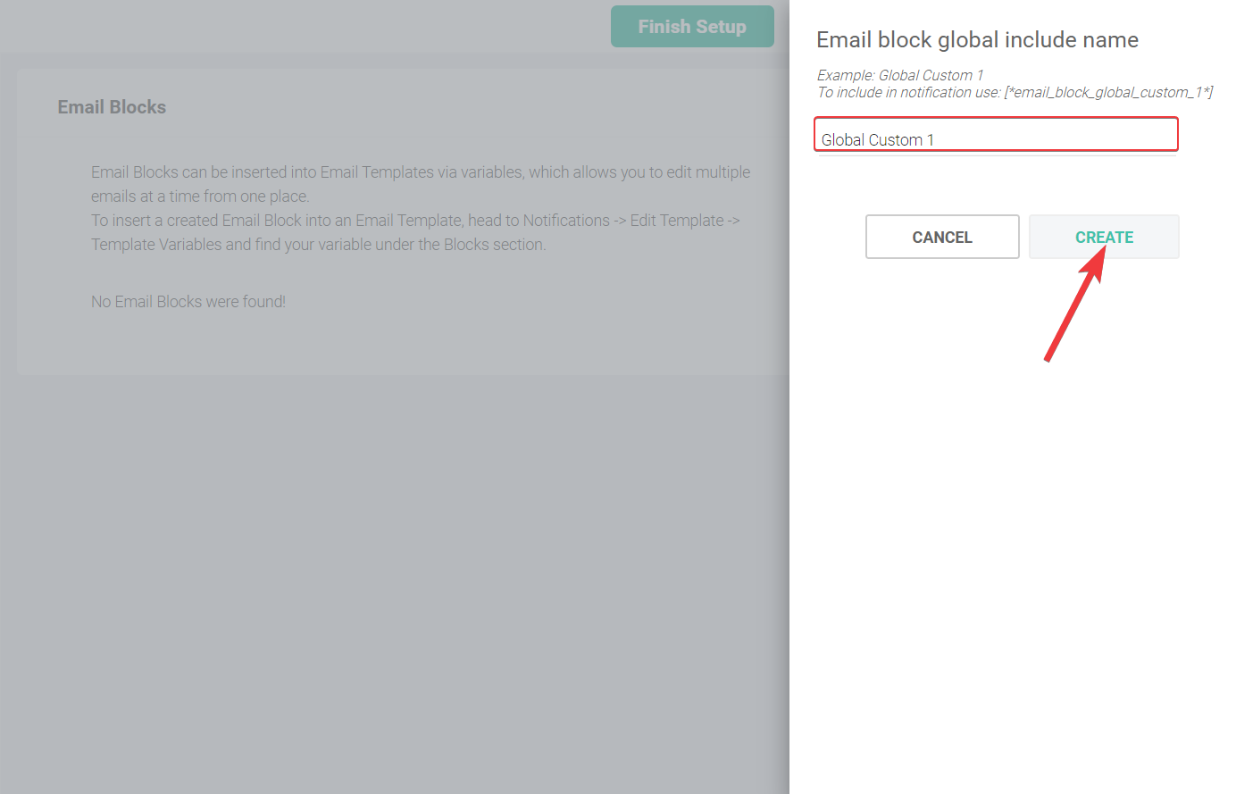 email blocks setup screen
